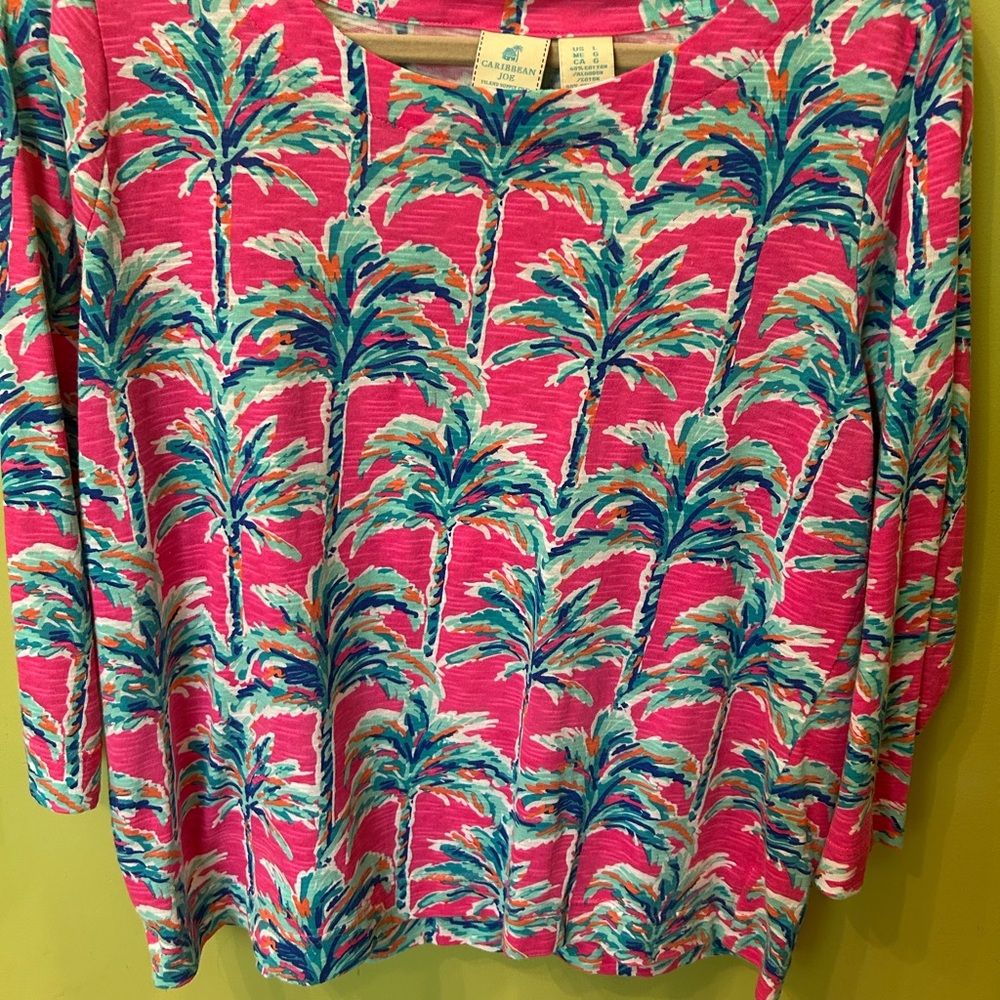 Caribbean Joe pink and Blue 3/4 Sleeve Blouse